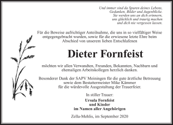 Traueranzeige von Dieter Fornfeist von Südthüringer Presse
