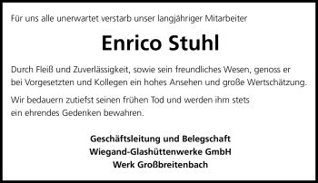 Traueranzeige von Enrico Stuhl von Südthüringer Presse