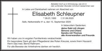 Traueranzeige von Elisabeth Schleupner von Frankenpost