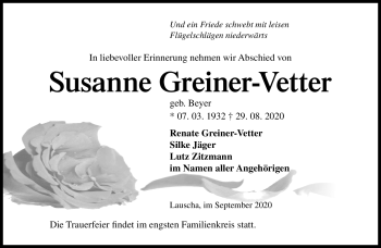 Traueranzeige von Susanne Greiner-Vetter von Südthüringer Presse