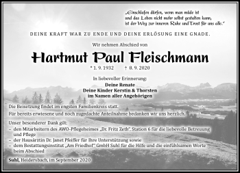 Traueranzeige von Hartmut Paul Fleischmann von Südthüringer Presse
