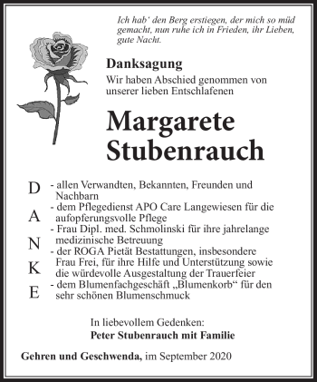 Traueranzeige von Margarete Stubenrauch von Südthüringer Presse