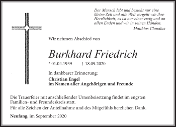 Traueranzeige von Burkhard Friedrich von Südthüringer Presse