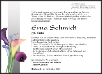 Traueranzeige von Erna Schmidt von Südthüringer Presse