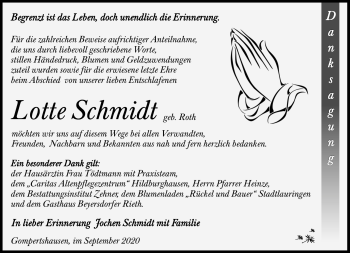 Traueranzeige von Lotte Schmidt von Südthüringer Presse