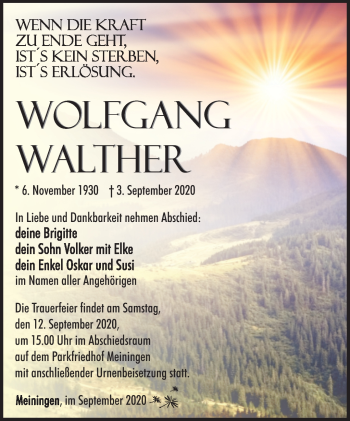 Traueranzeige von Wolfgang Walther von Südthüringer Presse