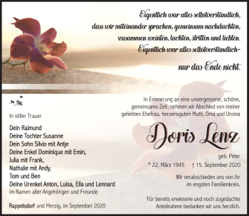 Traueranzeige von Doris Lenz von Südthüringer Presse