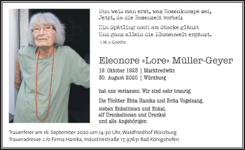 Traueranzeige von Eleonore Müller-Geyer von Frankenpost