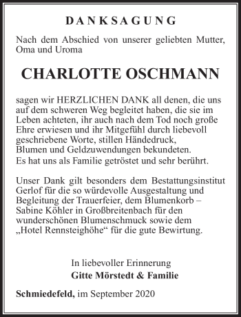 Traueranzeige von Charlotte Oschmann von Südthüringer Presse