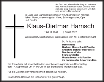 Traueranzeige von Klaus-Dietmar Hamsch von Frankenpost