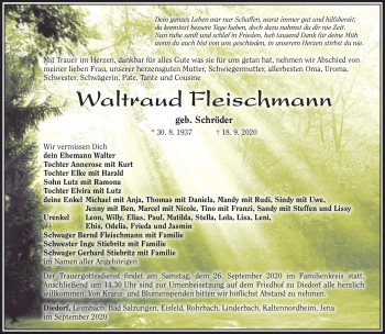 Traueranzeige von Waltraud Fleischmann von Südthüringer Presse