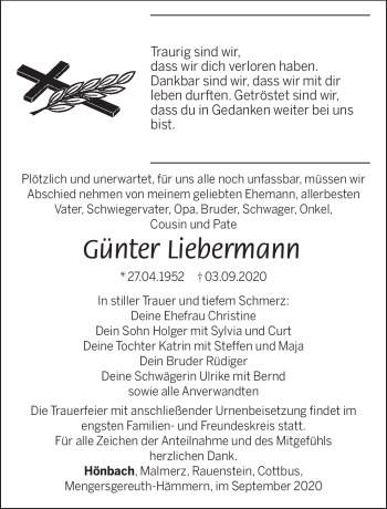 Traueranzeige von Günter Liebermann von Südthüringer Presse