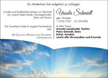 Traueranzeige von Ursula Schmidt von Südthüringer Presse