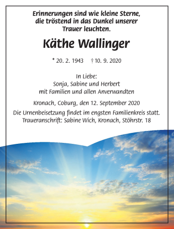 Traueranzeige von Käthe Wallinger von Neue Presse Coburg
