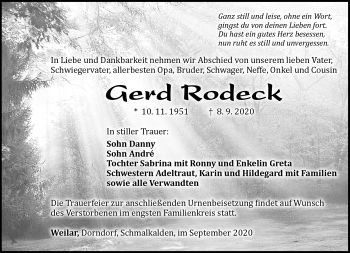 Traueranzeige von Gerd Rodeck von Südthüringer Presse