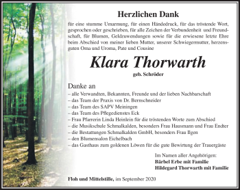 Traueranzeige von Klara Thorwarth von Südthüringer Presse
