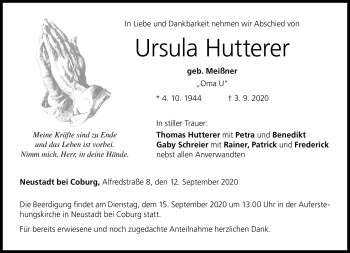 Traueranzeige von Ursula Hutterer von Neue Presse Coburg
