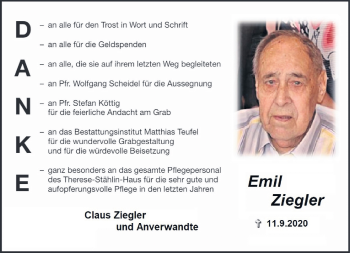 Traueranzeige von Emil Ziegler von Neue Presse Coburg