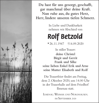 Traueranzeige von Rolf Betzold von Südthüringer Presse