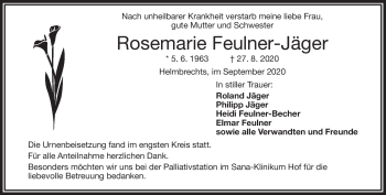 Traueranzeige von Rosemarie Feulner-Jäger von Frankenpost