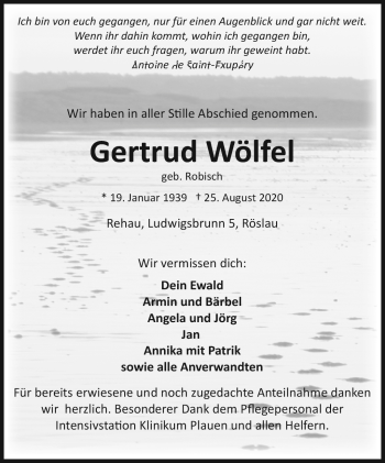 Traueranzeige von Gertrud Wölfel von Frankenpost