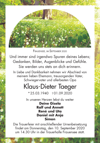 Traueranzeige von Klaus-Dieter Taeger von Südthüringer Presse
