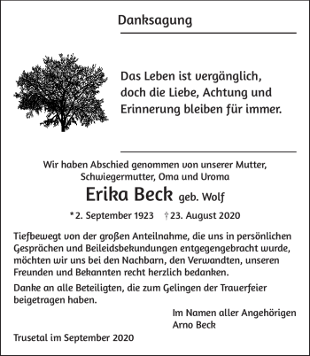 Traueranzeige von Erika Beck von Südthüringer Presse