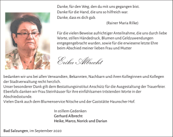 Traueranzeige von Erika Albrecht von Südthüringer Presse