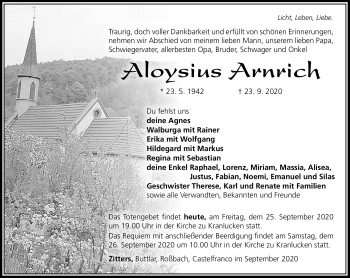 Traueranzeige von Aloysius Arnrich von Südthüringer Presse