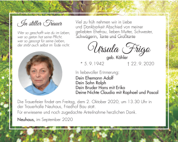 Traueranzeige von Ursula Frigo von Südthüringer Presse