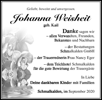 Traueranzeige von Johanna Weisheit von Südthüringer Presse