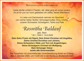 Traueranzeige von Roswitha Baldauf von Südthüringer Presse
