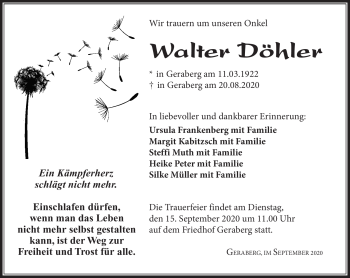 Traueranzeige von Walter Döhler von Südthüringer Presse