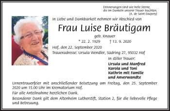 Traueranzeige von Luise Bräutigam von Frankenpost
