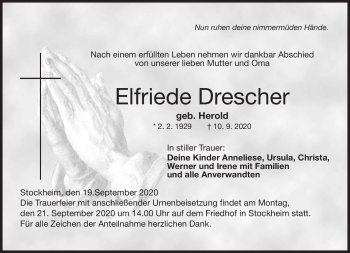 Traueranzeige von Elfriede Drescher von Neue Presse Coburg
