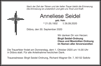 Traueranzeige von Anneliese Seidel von Frankenpost