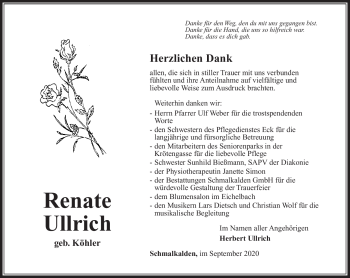 Traueranzeige von Renate Ullrich von Südthüringer Presse