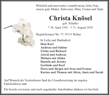 Traueranzeige von Christa Knösel von Frankenpost