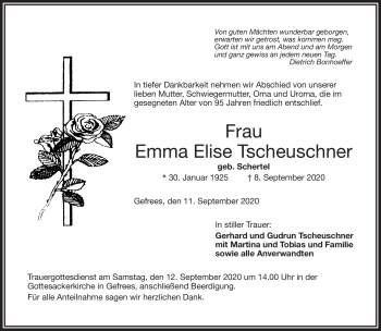 Traueranzeige von Emma Tscheuschner von Frankenpost