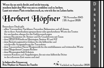 Traueranzeige von Herbert Höpfner von Südthüringer Presse