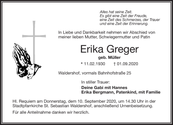 Traueranzeige von Erika Greger von Frankenpost
