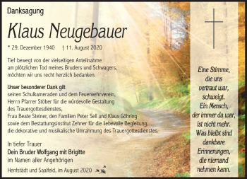 Traueranzeige von Klaus Neugebauer von Südthüringer Presse