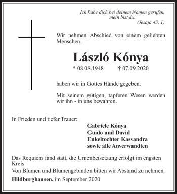 Traueranzeige von László Kónya von Südthüringer Presse
