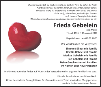 Traueranzeige von Frieda Gebelein von Frankenpost