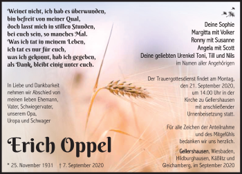 Traueranzeige von Erich Oppel von Südthüringer Presse