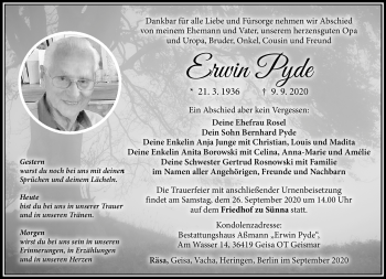 Traueranzeige von Erwin Pyde von Südthüringer Presse