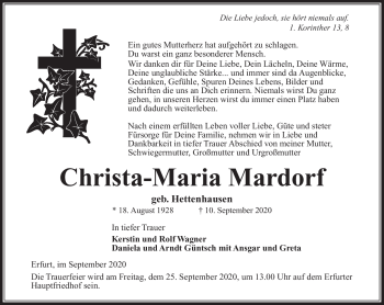 Traueranzeige von Christa-Maria Mardorf von Südthüringer Presse