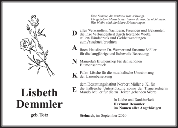 Traueranzeige von Lisbeth Demmler von Südthüringer Presse
