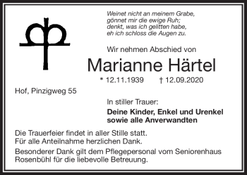 Traueranzeige von Marianne Härtel von Frankenpost