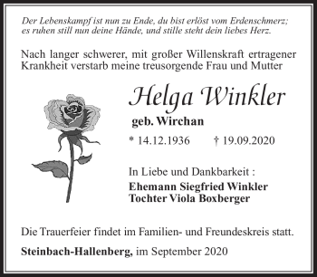 Traueranzeige von Helga Winkler von Südthüringer Presse